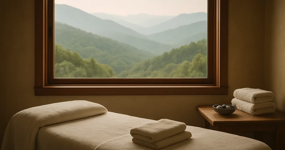 A peaceful spa treatment room overlooks forested Smoky Mountain ridges.