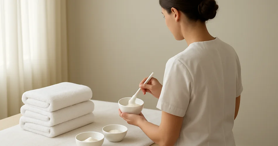 A spa professional prepares a facial treatment with towels and skincare bowls.