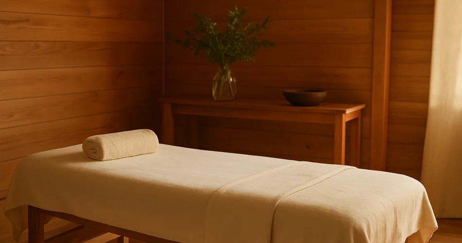 A massage table sits in a serene wellness space with greenery and wooden details.