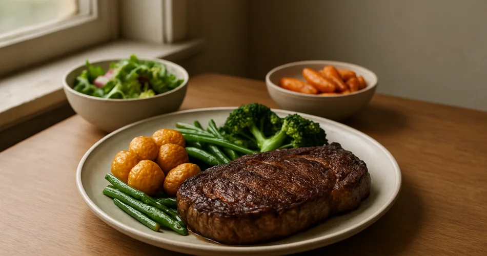 A seared rib-eye steak is served with seasonal sides beside a sunlit window.