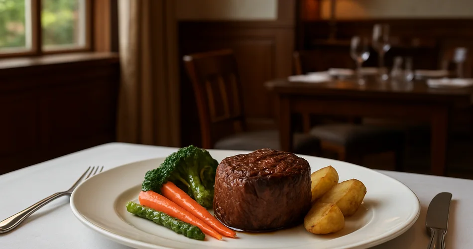 A filet steak with vegetables and potatoes sits on a table in an elegant dining room.