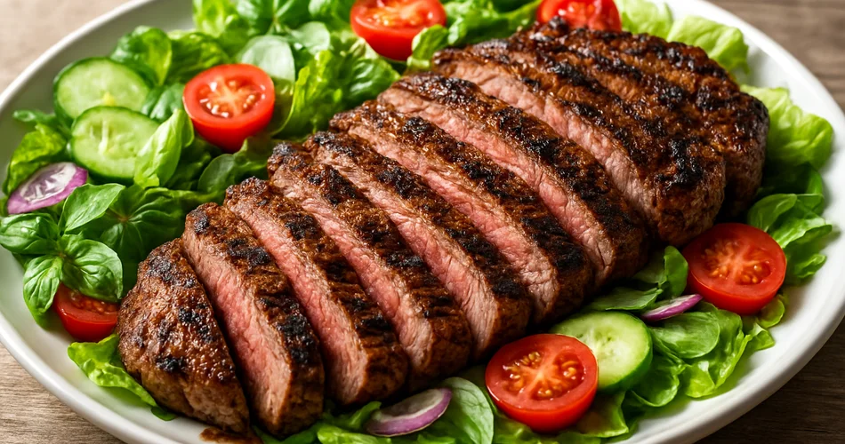 Sliced grilled steak is arranged with salad and vegetables on a serving platter.